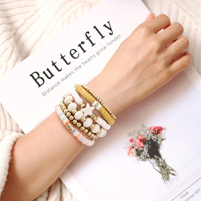 GOOJIDS Surfer Heishi Clay Bead Bracelets for Women Bohemian Stackable Gold Plated Beaded Stretch Bracelets Elastic Layering Friendship Bracelets Set Boho Jewelry - Image 4